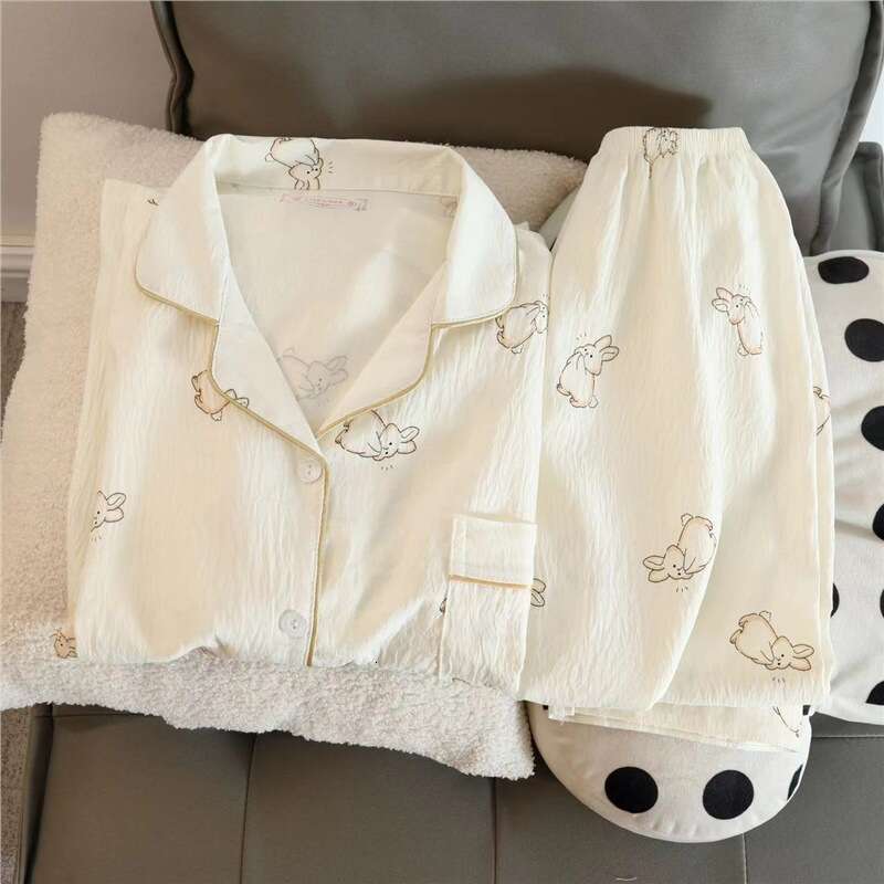 Little Cherry Pajamas for Women Spring and Autumn Sleeve Long Pants Cardigan Ins Style Loose Comfortable Thin Homewear Set