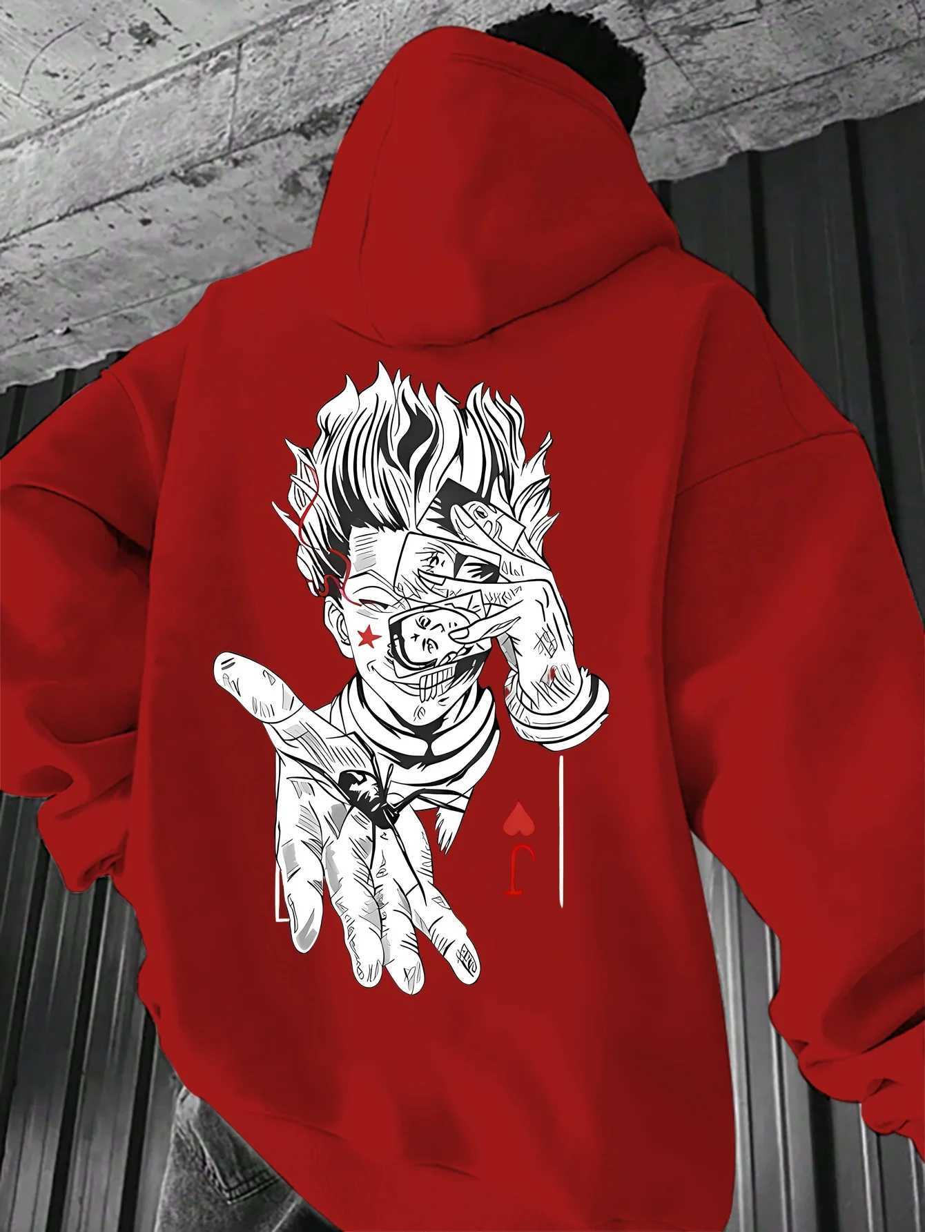 Mens Black Hisoka Hunter x Hunter Anime Hoodie with Joker Card Back Print Gothic Streetwear Pullover W251021