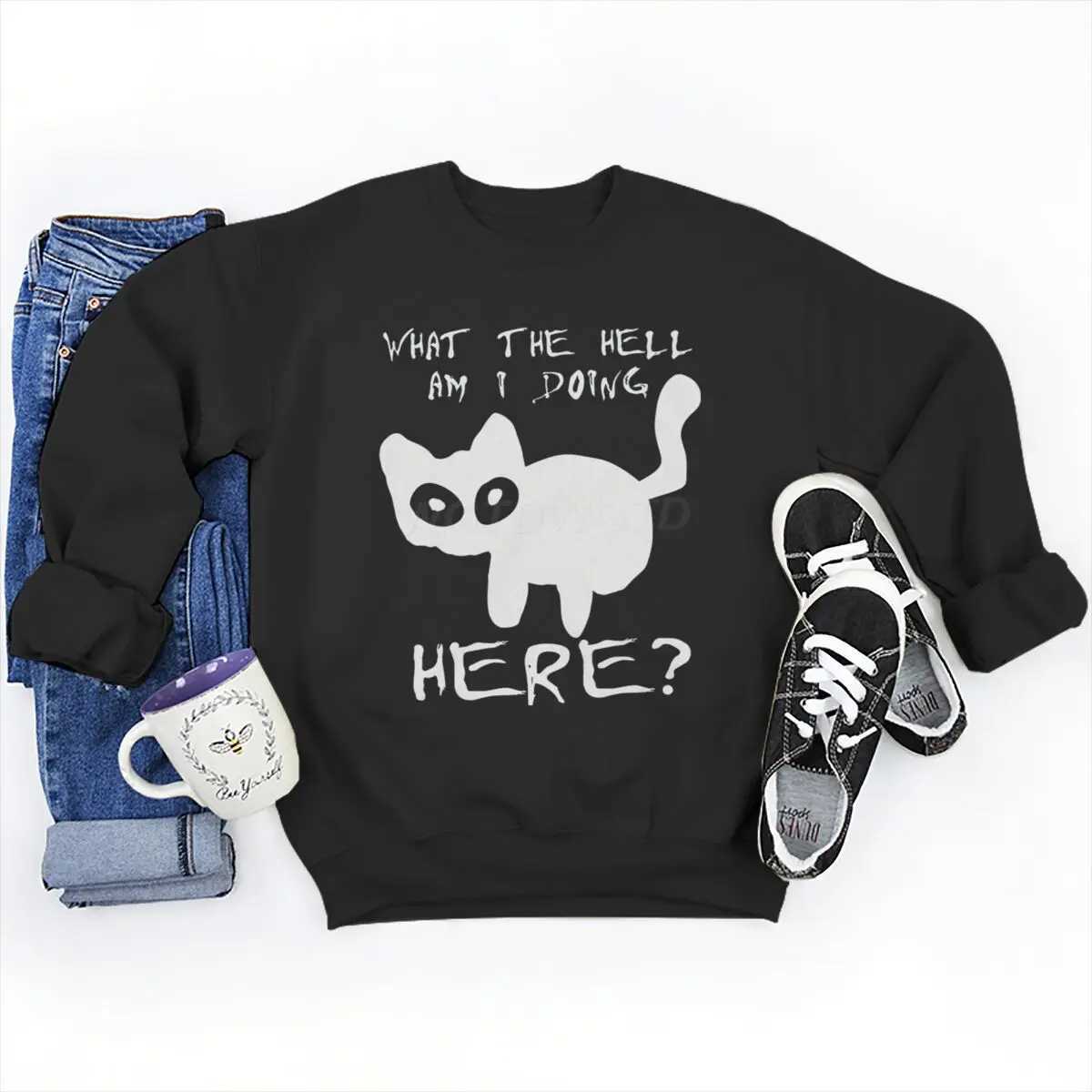 Mens Funny Cat Fashion Casual Hoodies Sweatshirts What The Hell Am I Doing Here Graphic Sweatshirt Street Men Women Clothing W251021