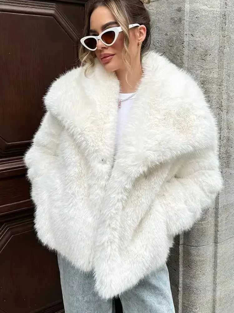 HH Autumn Winter Women Elegant Faux Fur Loose Casual Warm Long Sleeve Jacket Vintage Solid Fashion High Street Lady Outwear Y251105