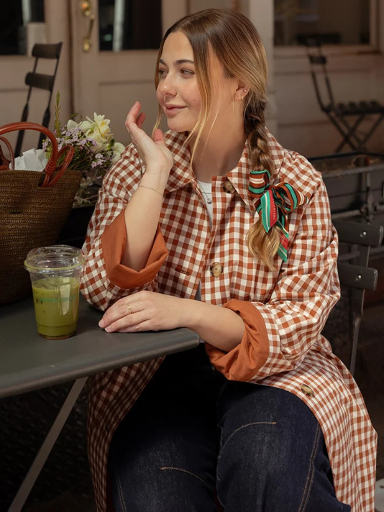 Women Checkered Long Trench Coats Full Sleeve Single Breasted Pockets Lapel Loose Maxi Coat 2025 Lady Autumn Daily Outerwear 251021