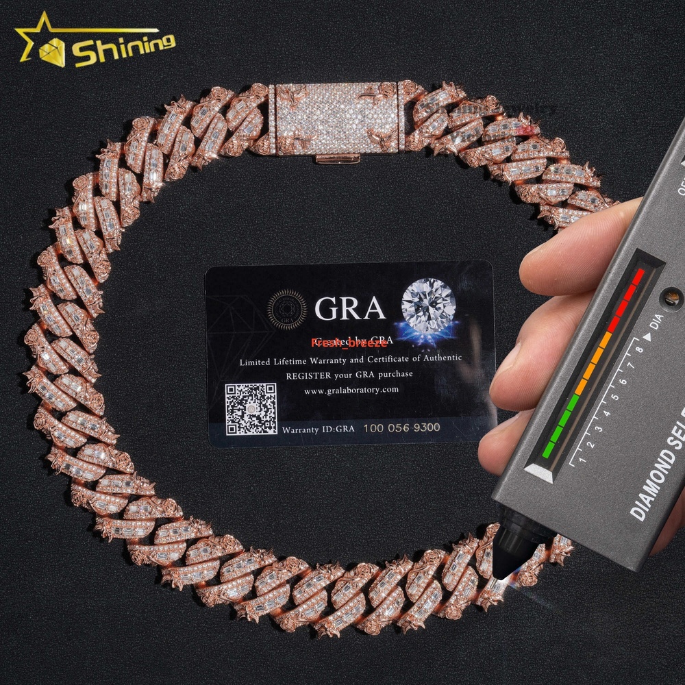 New Design Rapper Jewelry 20mm Rose Gold Bird Cuban Chain Sterling Silver Hip Hop Miami Vvs baguette Moissanite Cuban Link Chain