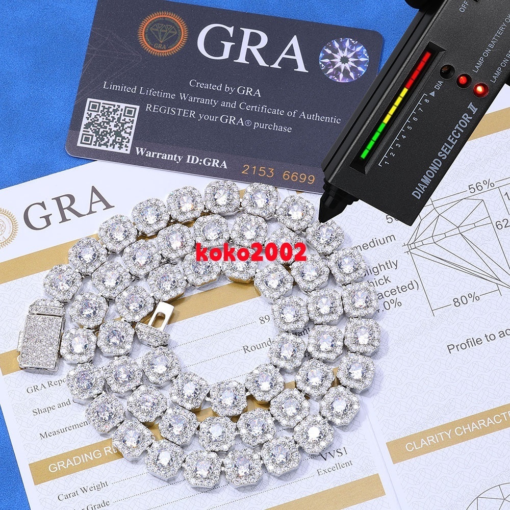 Hip Hop Square Rock 925 Sterling Silver Tennis Chain Luxury 7mm Custom VVS Moissanite Diamond Cluster Tennis Chain Necklace