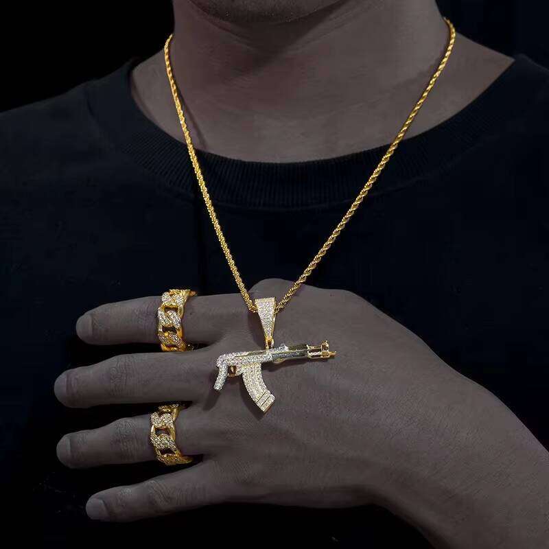 Full Silicon Stone Gold Plated Sterling Sier Subhine Gun Pistol Hip Hop Pendant Men's Handmade Jewelry