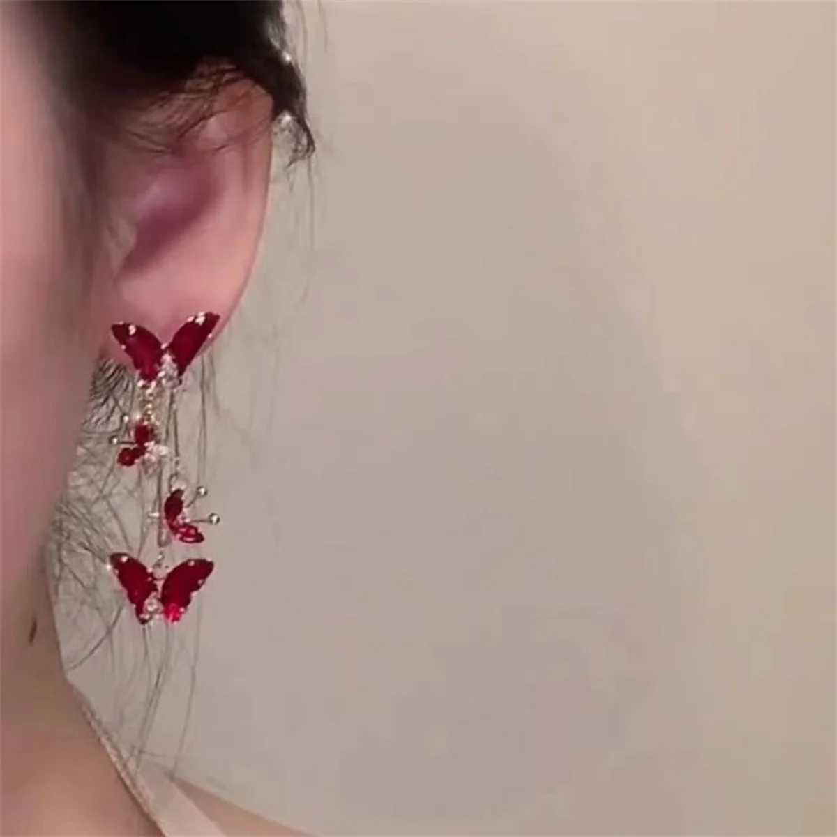 Elegant Red Zircon Butterfly Drop Earrings For Women Temperament Lovely Imitation Pearl Animal Tassel Earring Fashion Jewelry J251021