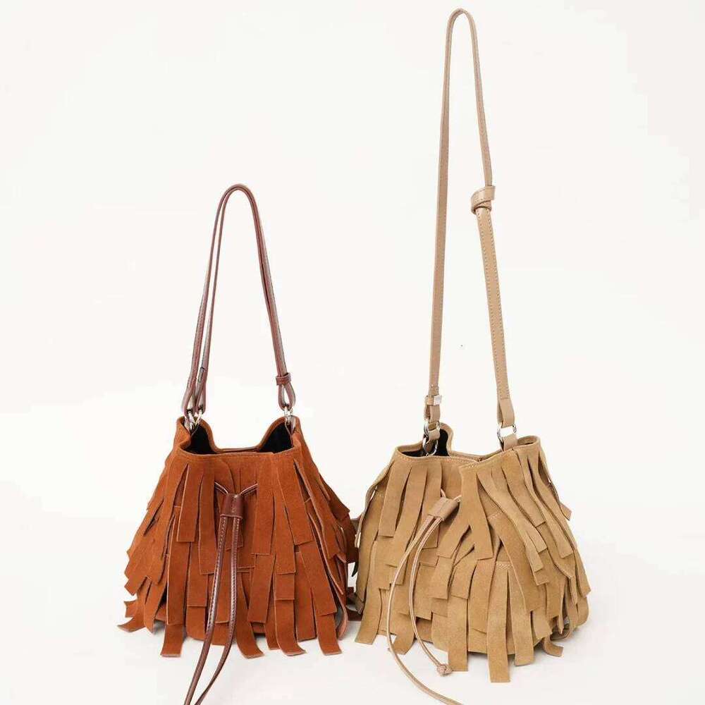 Suede Tassel Bucket New Niche Design Frosted Cowhide Bohemian Vintage Fashion Women One-Shoulder Crossbody Bag Suotong1021