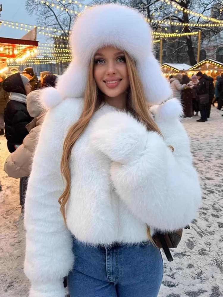 DEAT Fashion Brown Faux Fur Coat Womens Round Neck Loose Long Sleeves Plush Thick Short Jacket Winter New 7A14211 Y251105