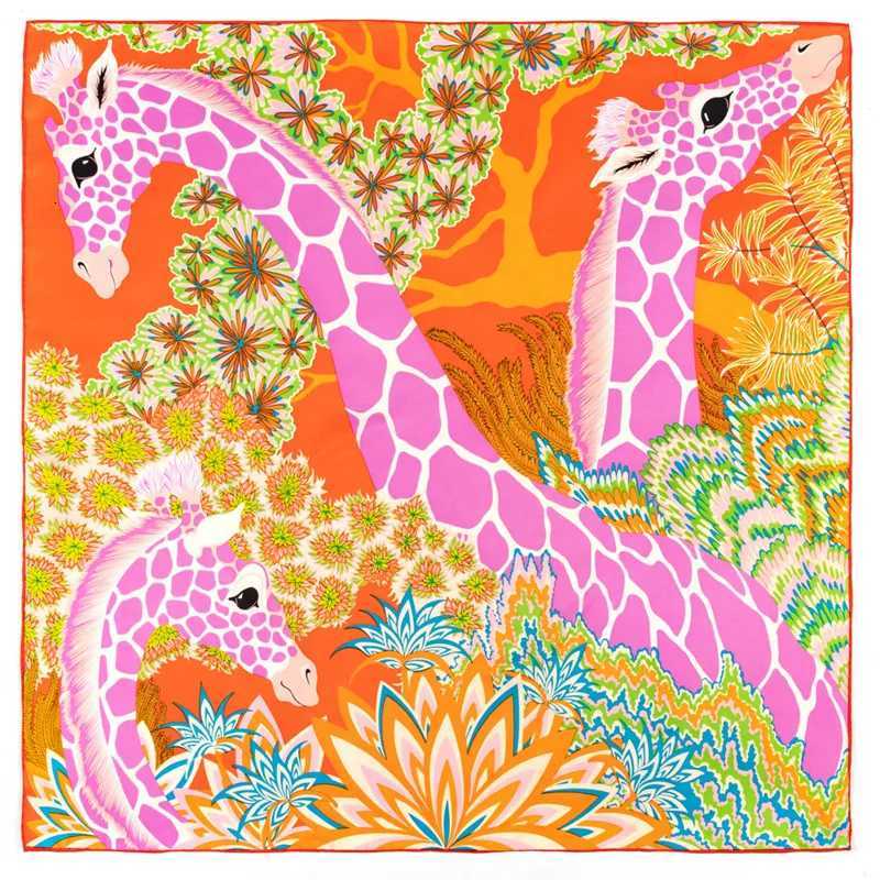 POBING Twill Silk Scarf Wen Three Giraffes Square Scarves Manual Hand Rold Echarpes Foards Fme Wrap Bandana Hijab 90CMW251021