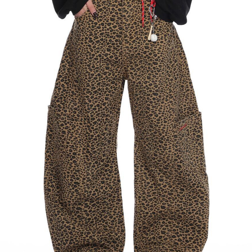 2025 vintage leopard print designer printed large pocket curved knife jeans wide leg pants loose fit autumn and winter new fashion casual women's