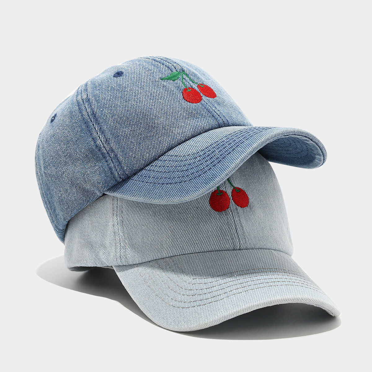 Denim Cherry Embroidery Baseball Cap for Women Trendy Spring Autumn Outdoor Shopping Casual Sun Hat Elegant Temperament Baseball Cap H251020