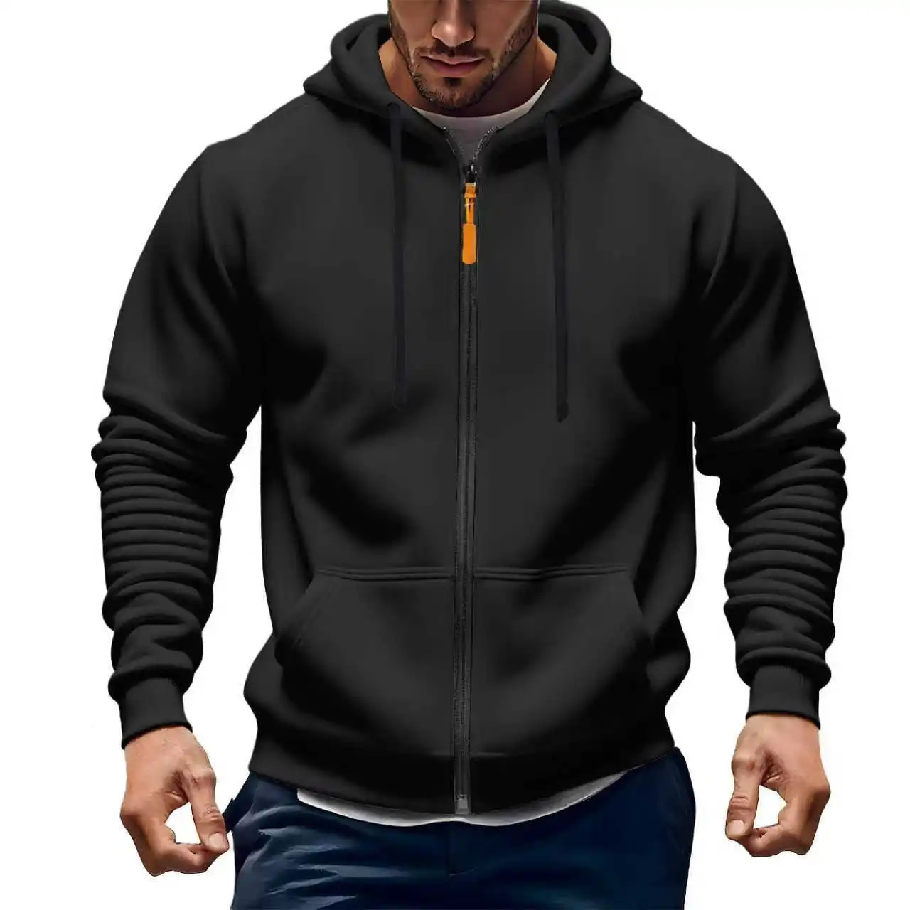 FallWinter selling Casual Fashion Mens Solid Color Zippered Sweatshirt Thick Long Sleeve Hooded Pockets Style HighQualit 251016