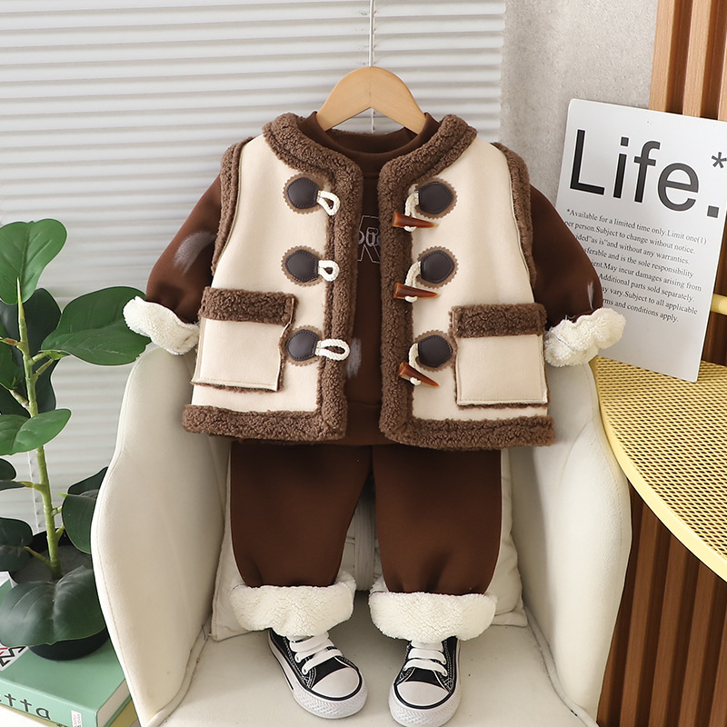 luxury kids clothing Ultra-Warm Kids 3-Piece Set 2025, Fleece-Lined Hoodie Vest Combo, Coordinated Winter Outfit for Toddlers Boys Girls