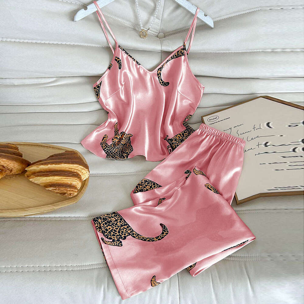 Leopard Print Camisole and Long Pants Fashionable Imitation Silk Homewear Pajama Set