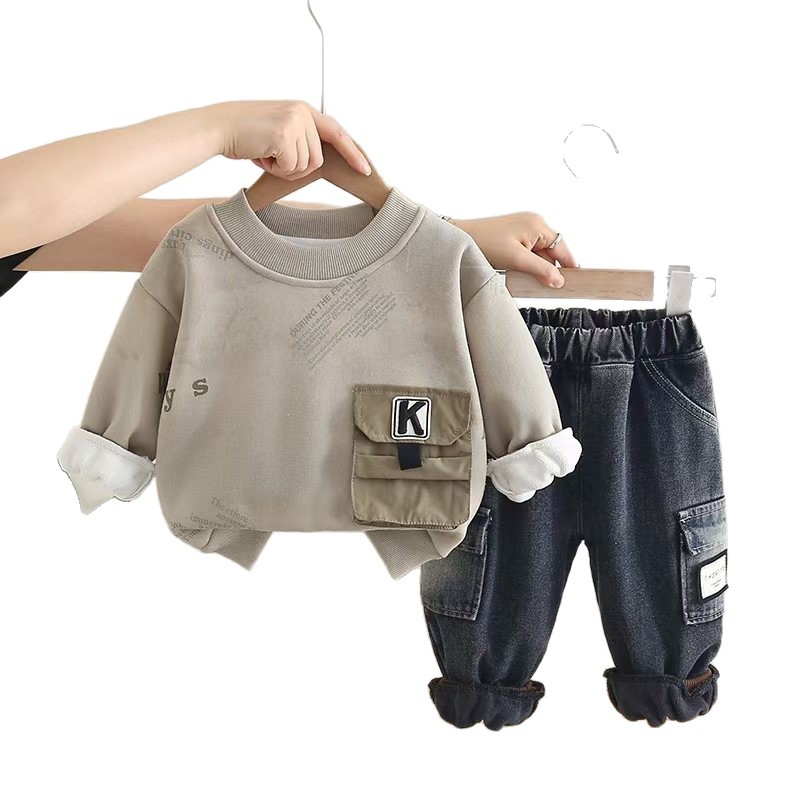 Free Shipping 2025 New Boys Fleece-Lined Outfit 2-Piece Set, Kids Crewneck Warm Tracksuit, Winter Clothing for Toddler Boys