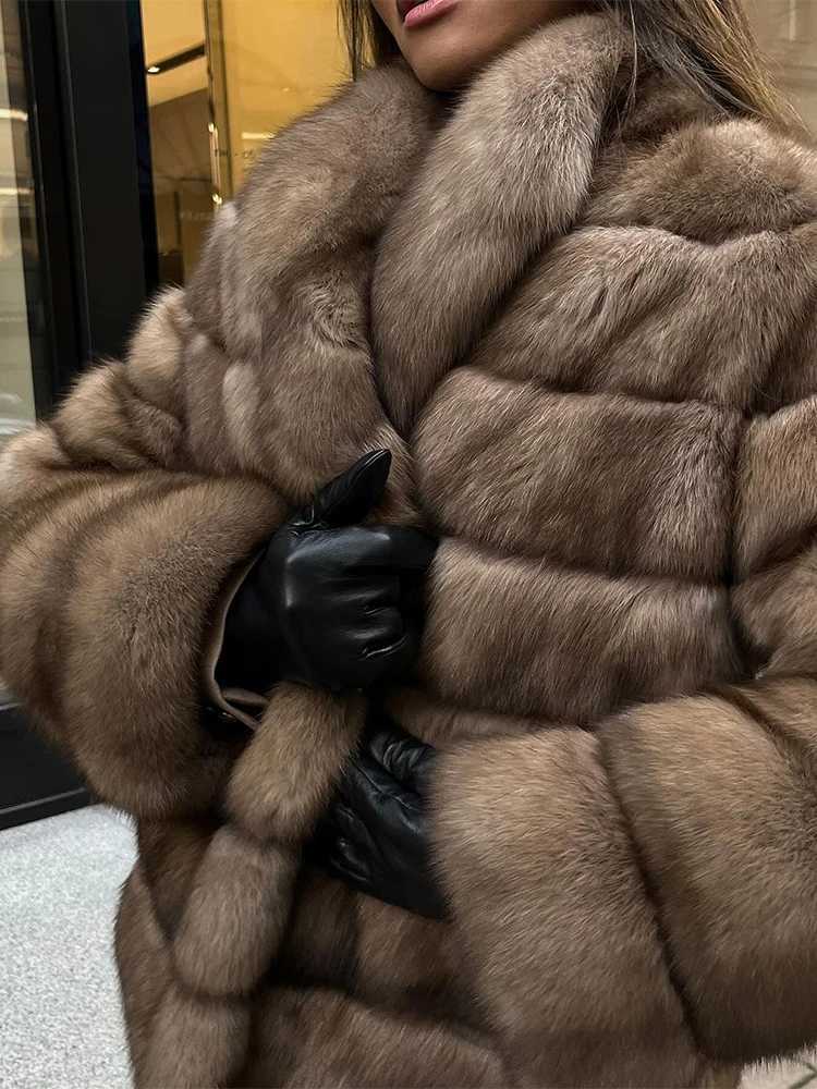 Retro Patchwork Faux Fur Coat Women Fashion Full Sleeve Lapel Loose Long Staple Plush Jacket Winter Outdoor Street Wear New 2025 Y251105