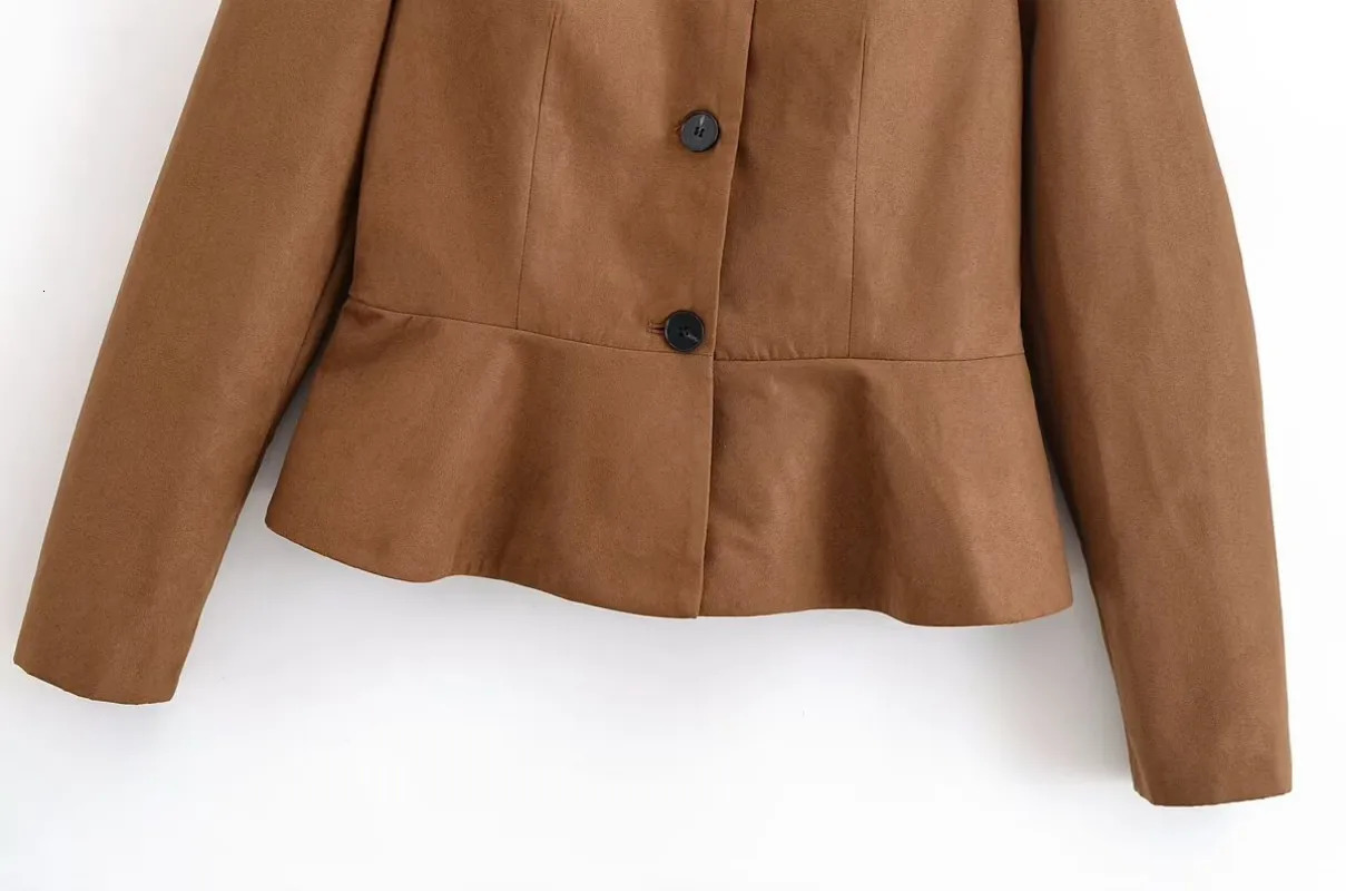 Tidalyf Women Suede Jacket Round Neck Fitted Waist Mini Skirt Hem Single Breasted Long Sleeve Elegant Chic Outerwear 251021