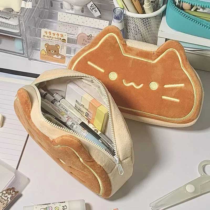 Japanese Cute Cartoon Caramel Cat Kawaii Plush Pen Case INS Large Capacity Cosmetic Storage Bag Coin PurseW251021