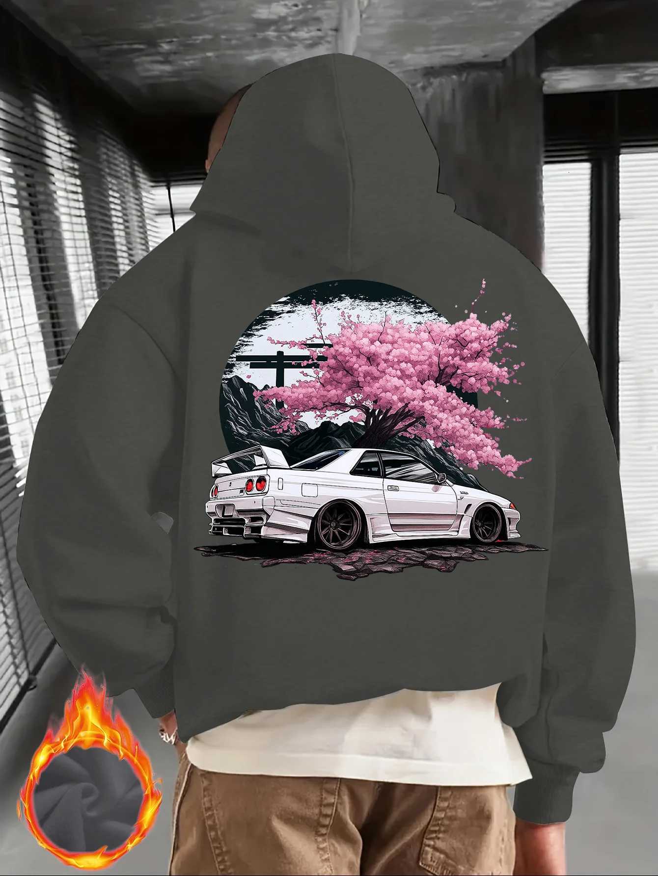 Mens Black Hoodie with White JDM Car and Pink Cherry Blossom Back Print Japanese Street Style Pullover W251021