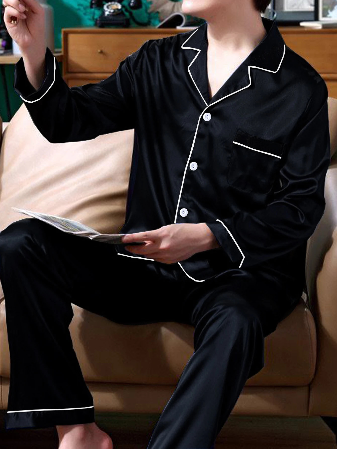 Two piece sets mens pajamas autumn and winter silk satin long sleeved pants casual simple solid color sleepwear set 251021