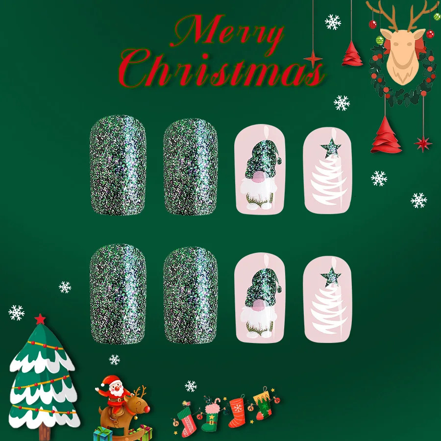24Pcs Green Santa Press on Nails Short Glossy Square Full Cover Fake Nail Tips Christmas Tree with Glitter False Nail Festival 251014