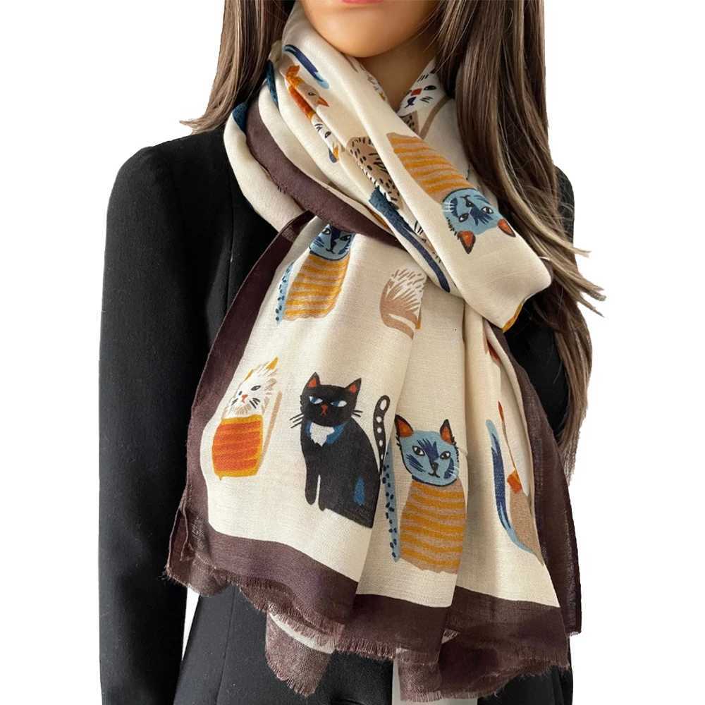 Animal Printed Scarf Cartoon Cat Pattern Hijab Soft Viscose Remove Edge Long Shawl Women Colorful Foulard Wraps Tippet W251021