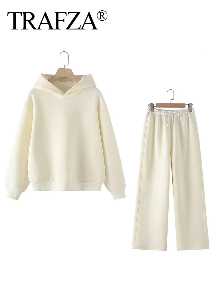 HH Women Solid Casual Sweatshirt Pant Suit Long Sleeve Hooded Fleece Pullover Coat Loose Straight Trousers Autumn Female Set 251021