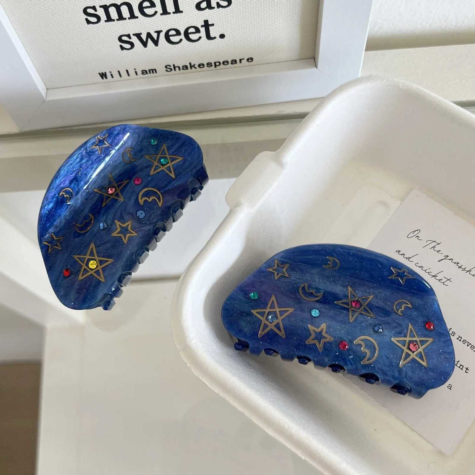 Ins Hot Sale Fashion Dazzling 8CM Moon Little Star Blue Hair Clip Exquisite Acrylic Shark Clip Hair Accessories For Woman GirlsW254021