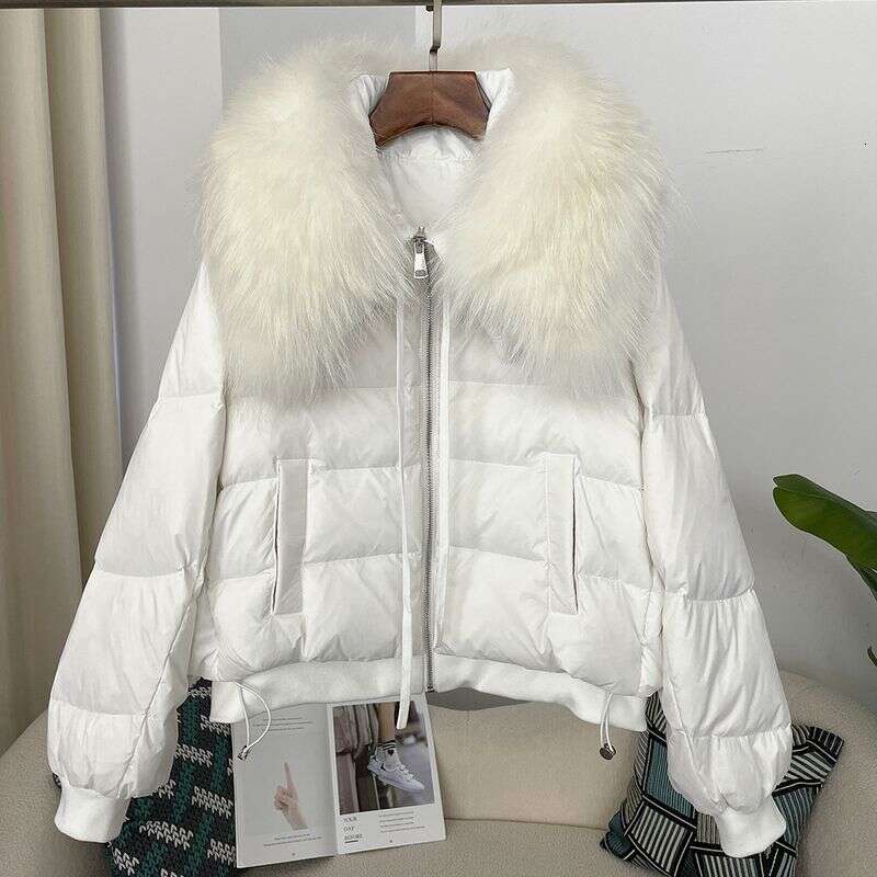 Women Clothing Ready to stock detachable oversized raccoon fur collar winter women short thickened white duck Warm jacket flat coat