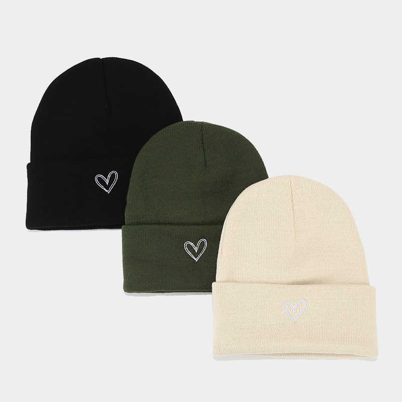 Large Thickened Heart Embroidery Acrylic Knitted Hat Autumn Winter Fashion Versatile Cold Hat Unisex Beanie Trendy H251020