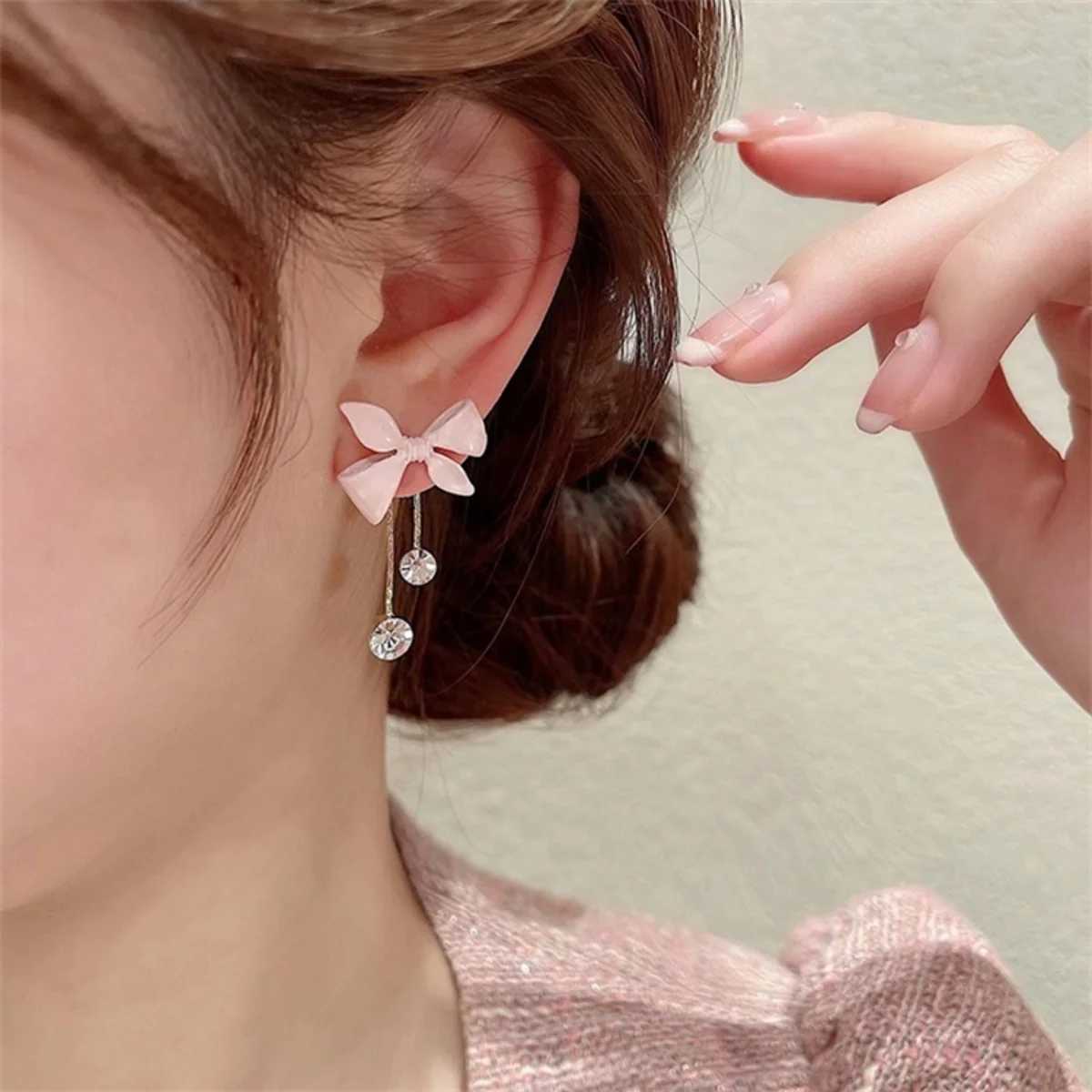 Y2K Pink Bowknot Shiny Zircon Drop Earrings For Women Elegant Crystal Imitation Pearl Tassel Bow Dangle Earrings Party Jewelry J251021