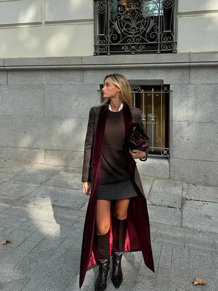 Velvet Collar Plaid Woolen Coat Wool Patchwork Trench Overcoat Retro Straight Tube Contrast Color Cardigan Outwear Spring Autumn 251013