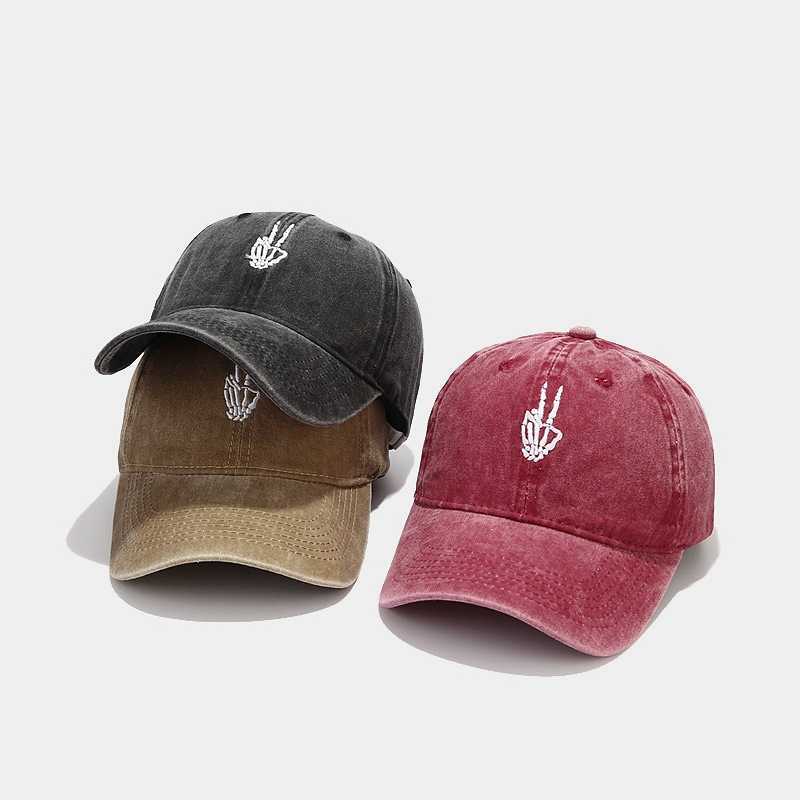 New Skull Finger Embroidery Baseball Cap Trendy Washed Vintage Soft Brim Duckbill Cap H251020