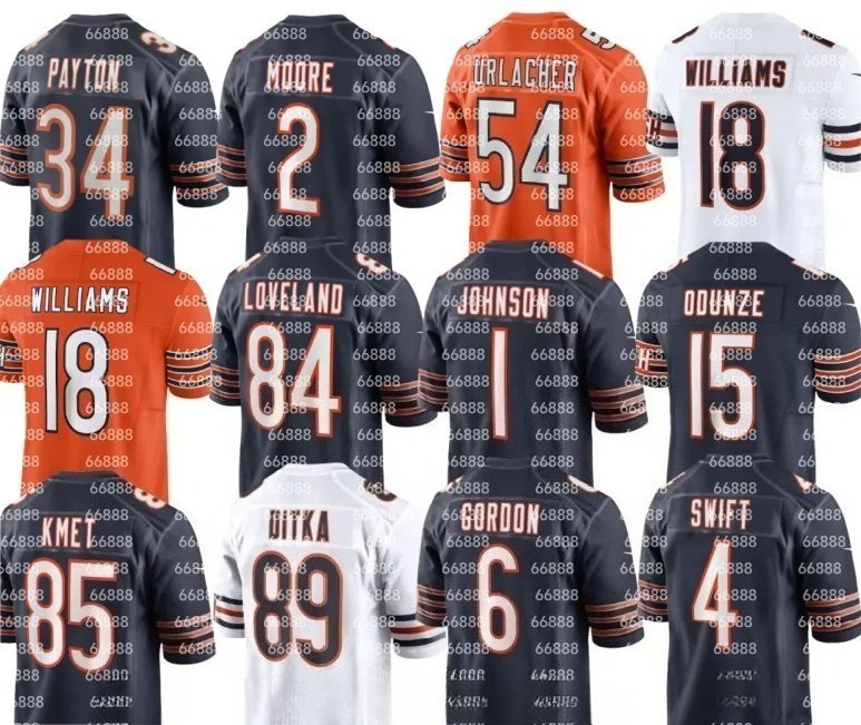 nfl Bears Jersey Walter Payton Brian Urlacher Mike Ditka Caleb Williams Cole Kmet Colston Loveland D.J. Moore Jaquan Brisker Jaylon Johnson Rome Odunze Tory Taylor