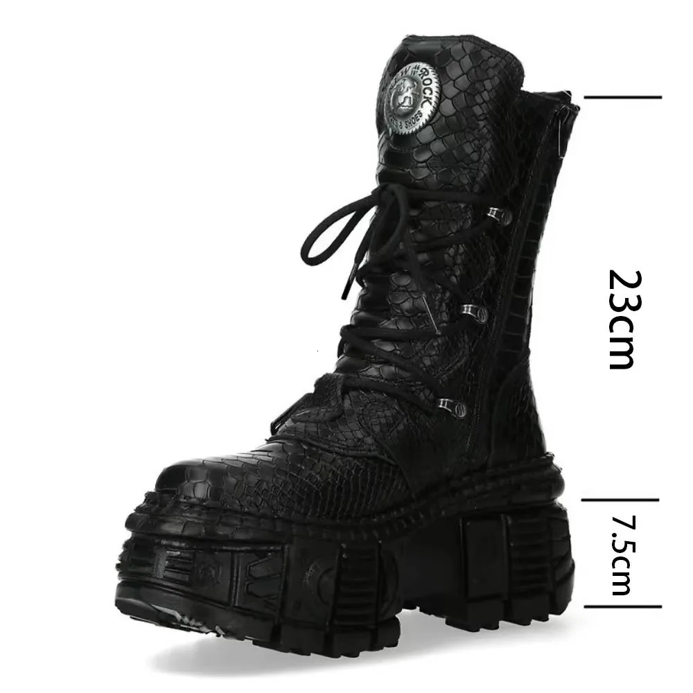Mens Fashion Snake Pattern Genuine Leather Motorcycle Boots Goth Punk Midcalf Western Boots Metallic Platform Rock Boots251020