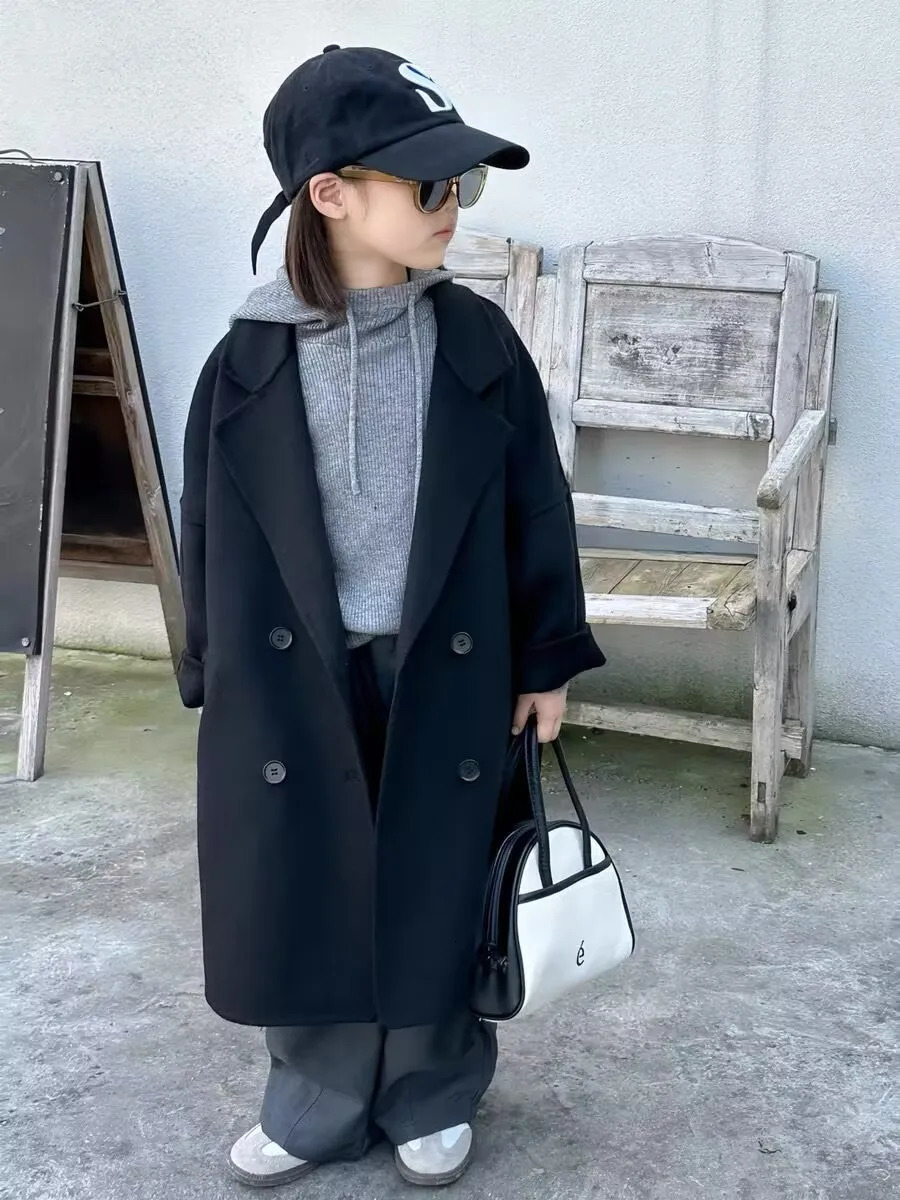 Childrens Double sided Cashmere Coat AutumnWinter Girls Woolen Medium to Long Jacket 90150cm 251017