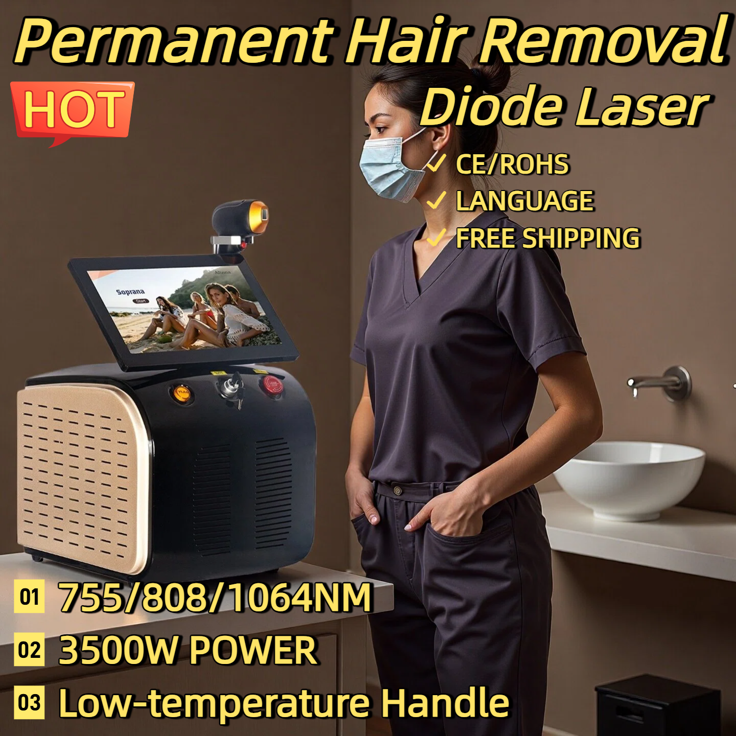 Portable High Power Ice Cooling Triple Laser 755 808 1064 Device Diode Laser 3 Wavelength Painless 808nm Hair Removal Machine CE/ROHS 3000/3500W