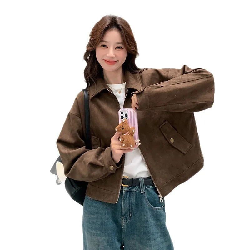 Browan Suede Jacket Womens Short Style Korean Fashion Autumn Coat HighEnd Feelings Polyester Fabric Long Sleeve Zipper Closure 251021