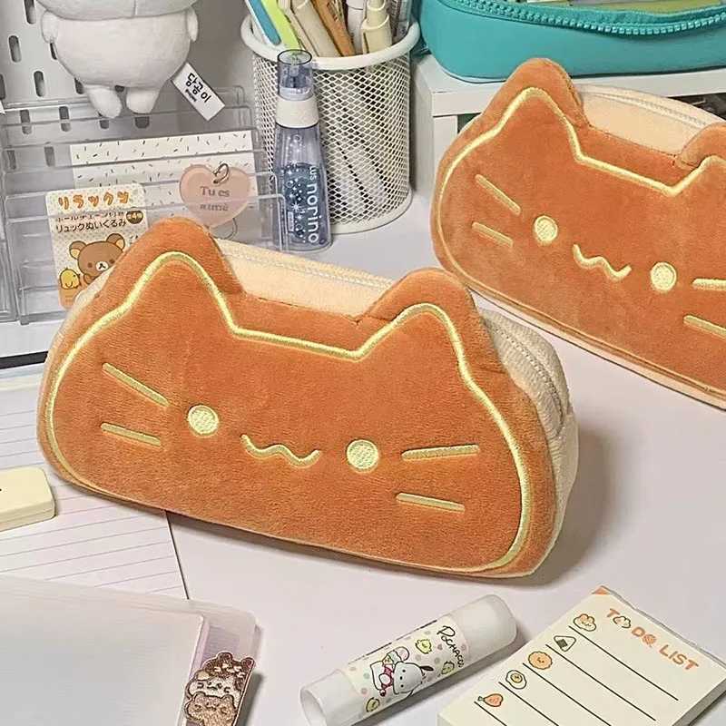 Japanese Cute Cartoon Caramel Cat Kawaii Plush Pen Case INS Large Capacity Cosmetic Storage Bag Coin PurseW251021