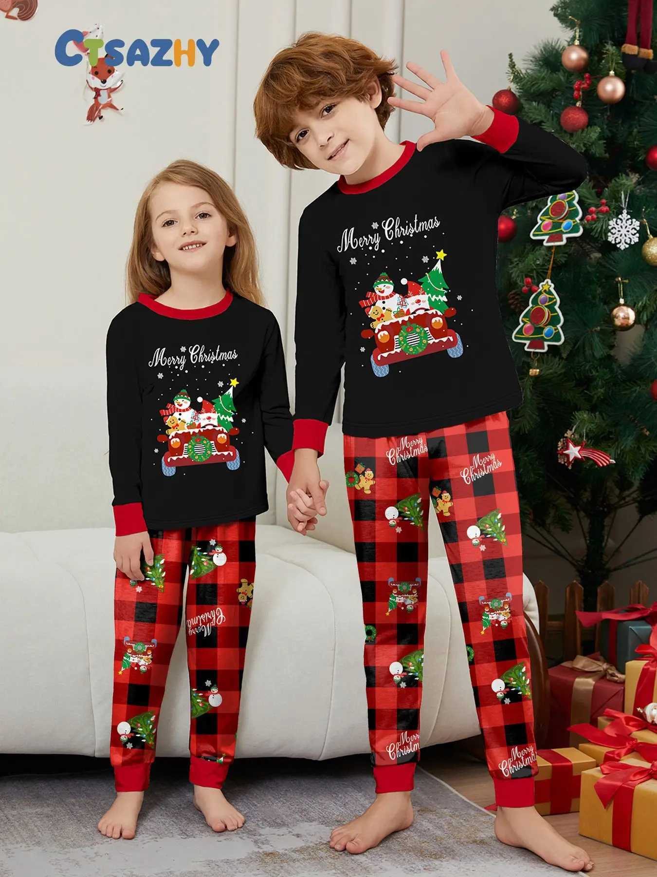 European and American style childrens clothing adult parentchild clothing car snowman Christmas tree print home wear pajamas L251021HPZY