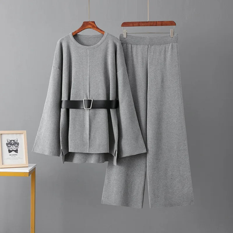 Russian Knitted Wide Leg Pants Belted Sweater Set Womens Spring Autumn Loose Fashionable Two Piece Elegant Quality 251021