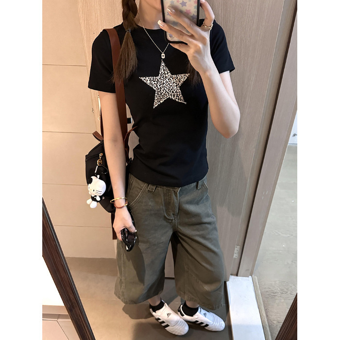 2025 American Retro Leopard Star Pattern Short Sleeve T-shirt Designer Pants Women's Summer Hot Girl Black Slimming New Autumn/Winter Design Top