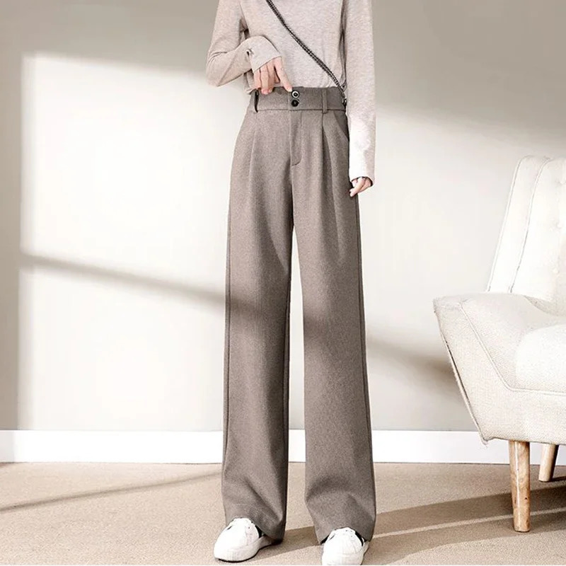 Autumn Winter Girls Comfortable Woolen Pants Female N Straight Leg Trousers Lady Classic Fashion Thicken High Waisted 251015