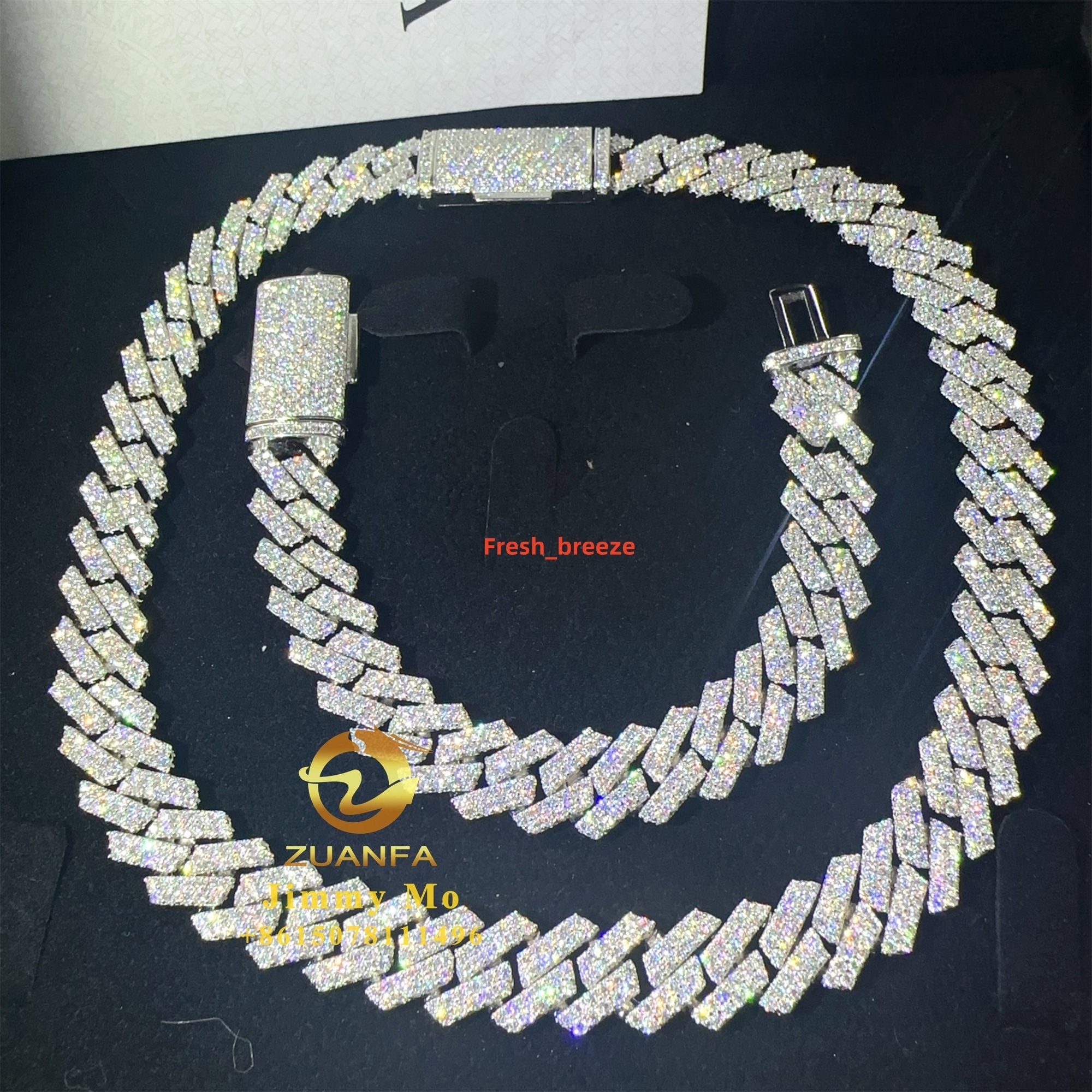 Hot Selling Pass Diamond Tester 925 Solid Silver 13mm Two Rows Iced Out Hip Hop Flawless Moissanite Diamond Cuban Link Chain