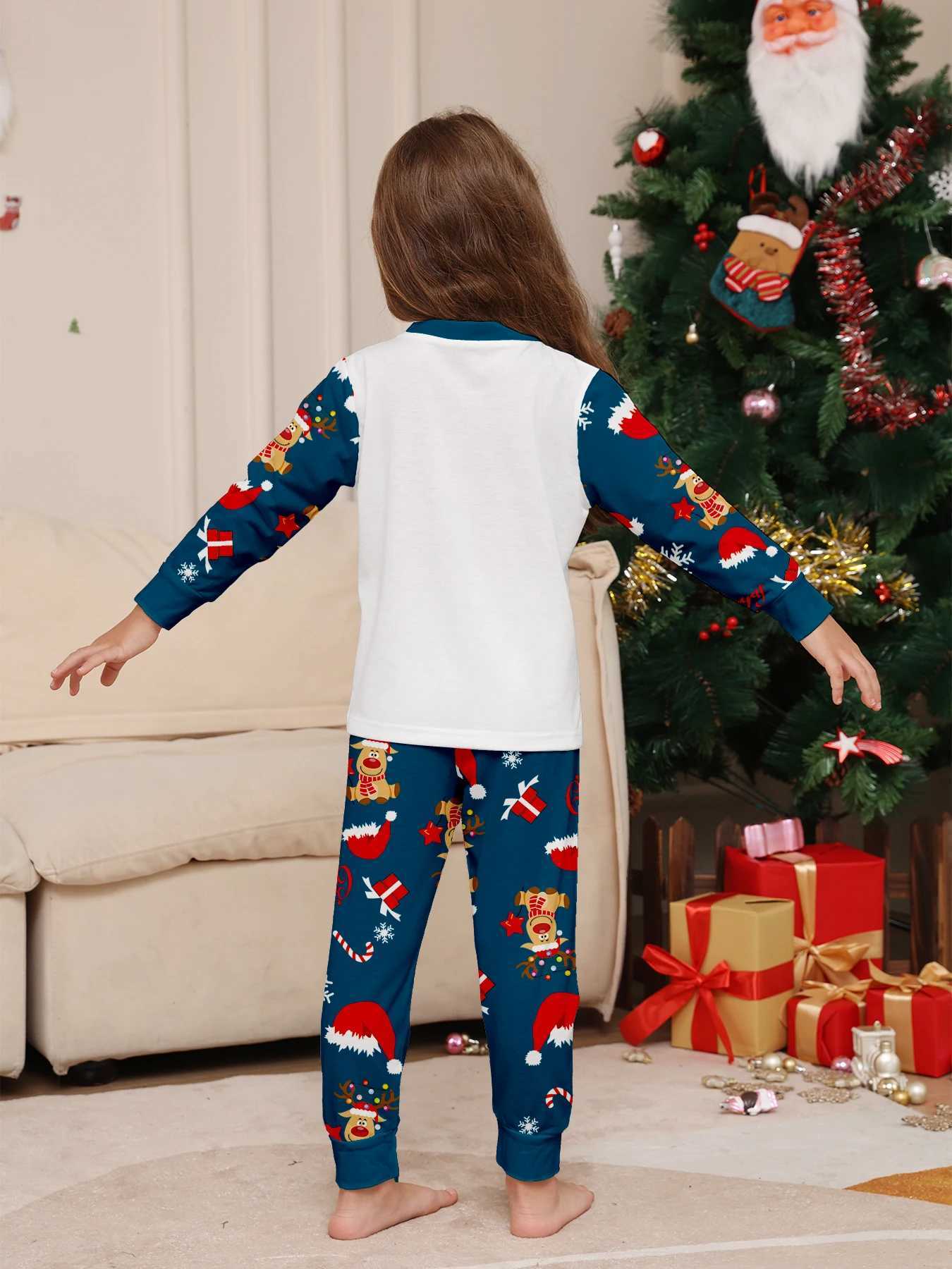 Christmas Family Pajamas Matching White Navy Set with Reindeer Lights Prints L25102134WD