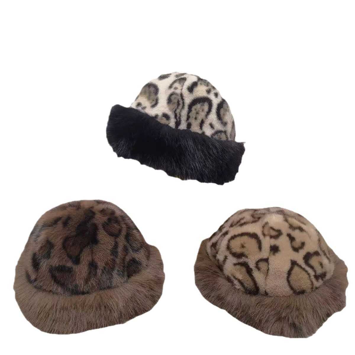 2024 Leopard Print Plush Fisherman Hat Hat for Women Autumn Winter Thickened Warm Ear Protection Imitation Mink Fur H251020