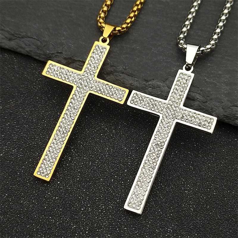 Trendy Cross Rhinestone Pendant Necklace For Women Men Stainless Steel Silver Color Religion Catholic Chain Jewelry GiftsXJ251018