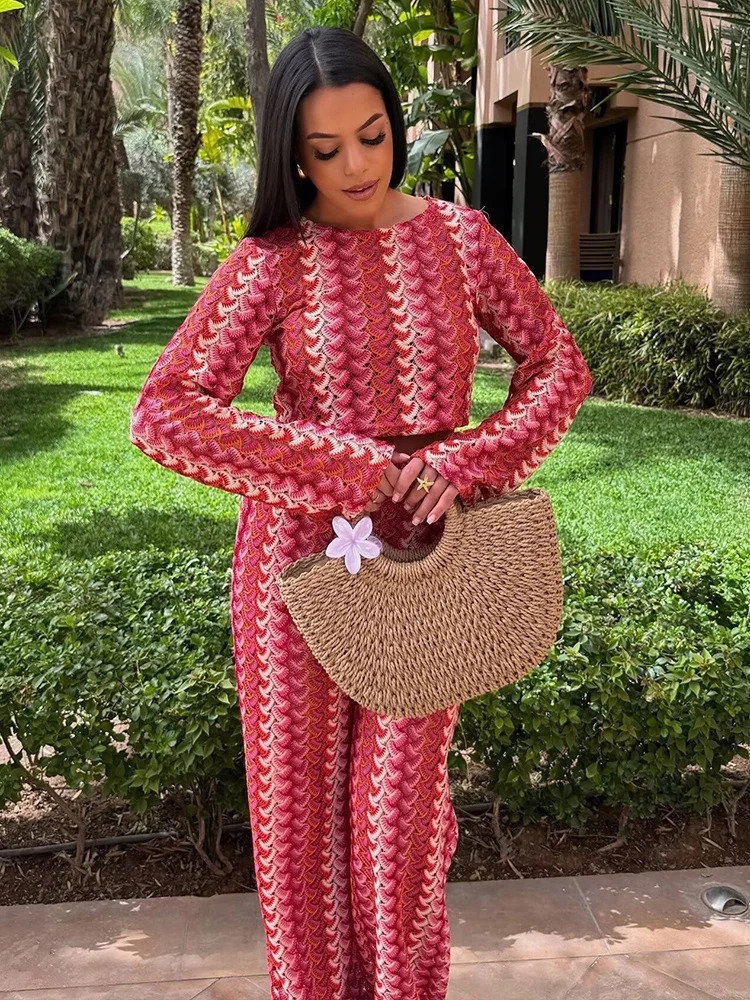 Crochet Knitting Pant Sets 2 Pieces For Woman Outfits Fashion Long Sleeve Top Womens Suit Casual Two Set 251021