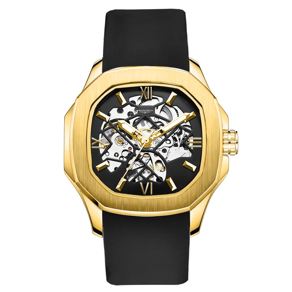 Luxury Gold Mens Skeleton Watch with Automatic Mechanical Movement Luminous Needles 3ATM Waterproof Silicone Strap