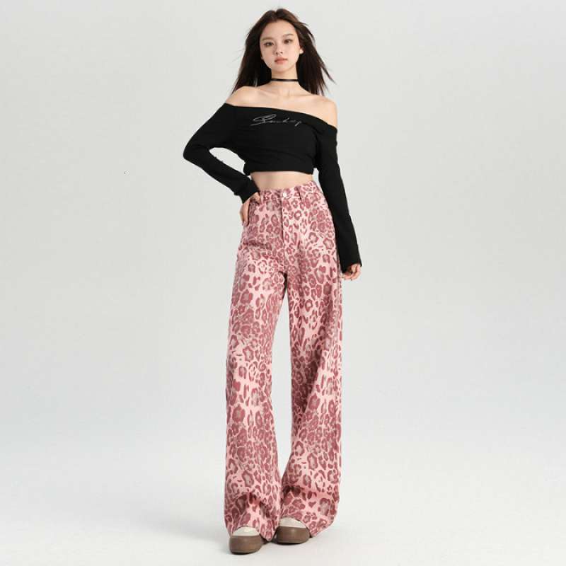 2025 Pink Leopard Pattern Designer Pants Women's Printed Jeans Autumn Thin Loose Autumn New High Waist Straight Tube Wide Leg Floor Length