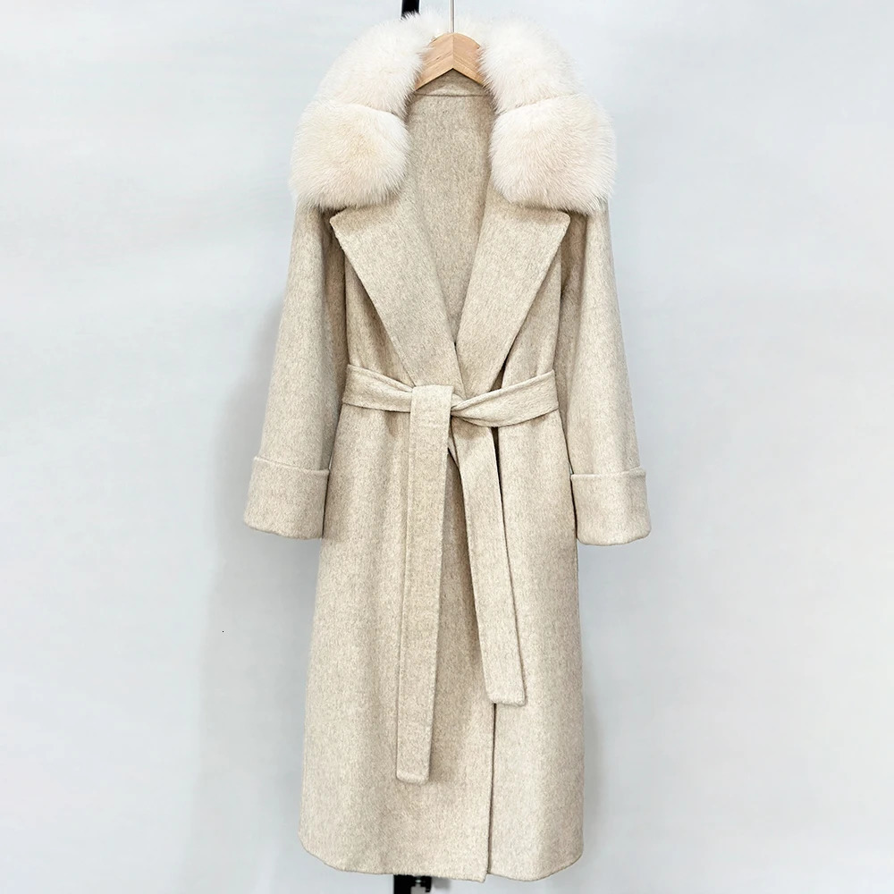 Real Fox Fur Collar Wool Jacket Elegant Woolen Coat Female Autumn Wool Blend Coat Fashion Warm Winter Doublesided Cashmere 251017